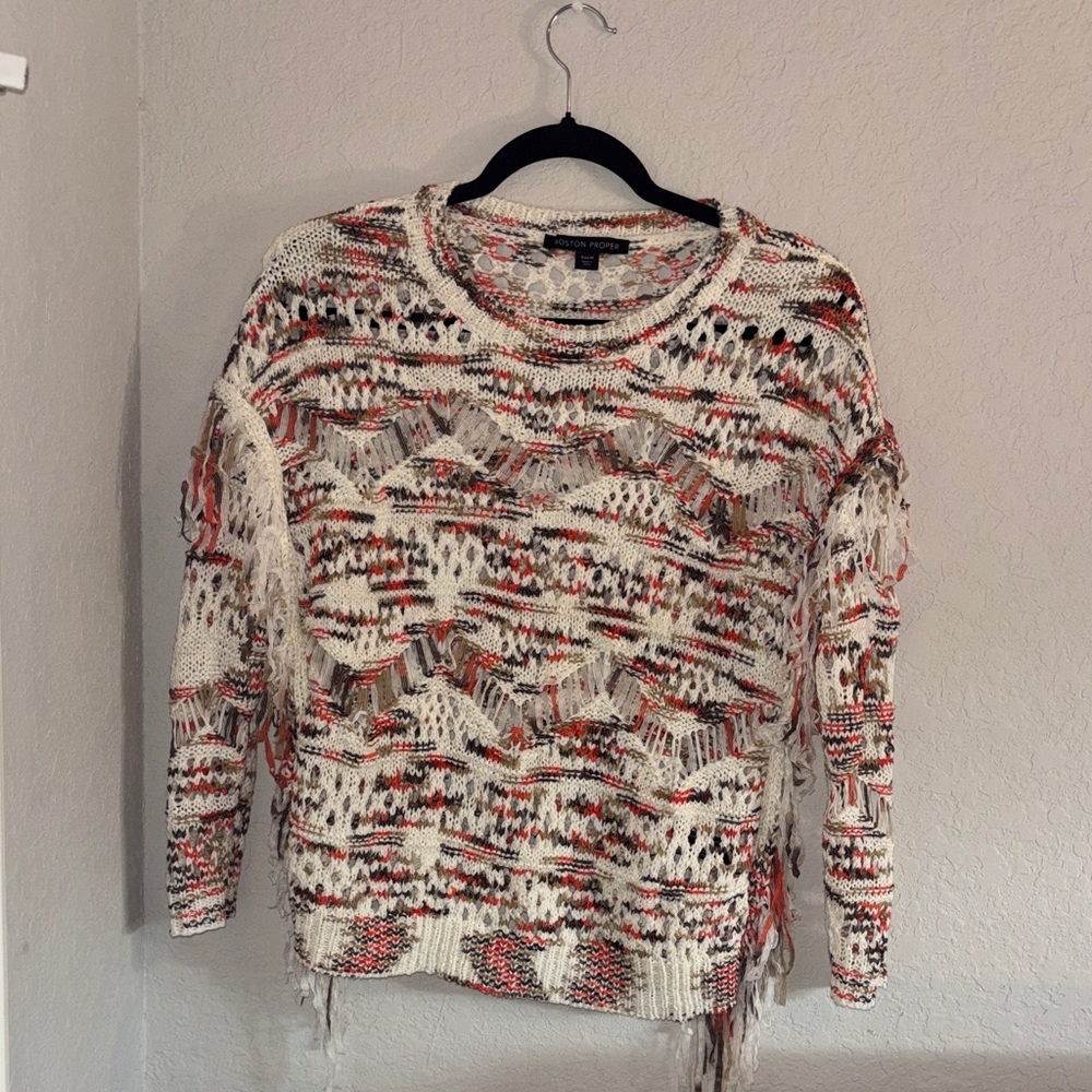 Boston Proper Cream and Red Fringe Sweater